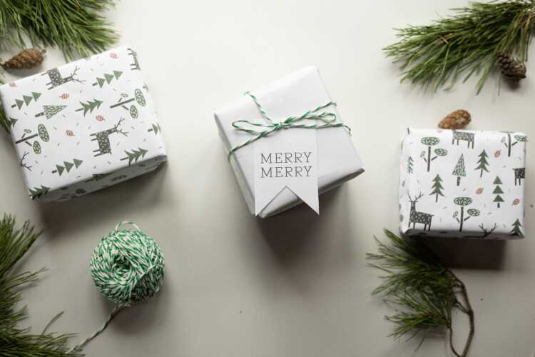 Gift boxes on white table near pine branches